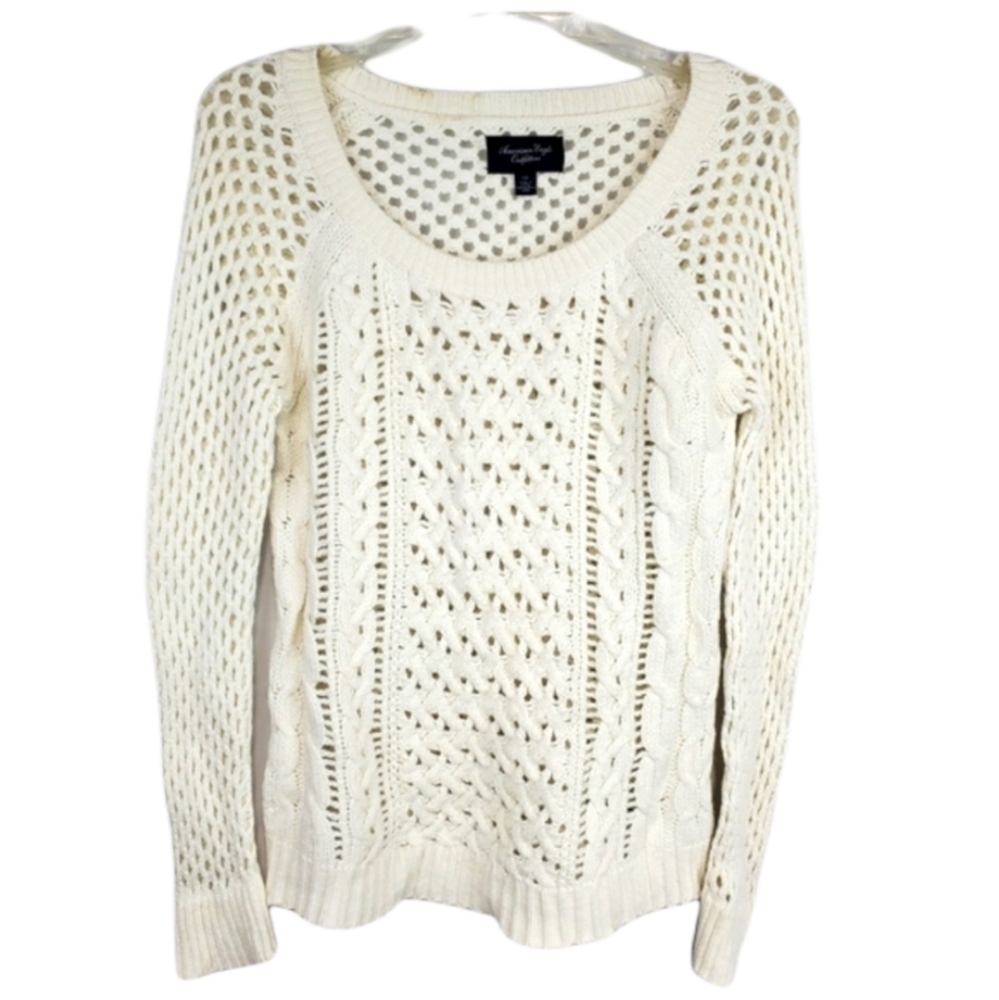 American Eagle Outfitters open knit cream sweater Size small crew neck AEO